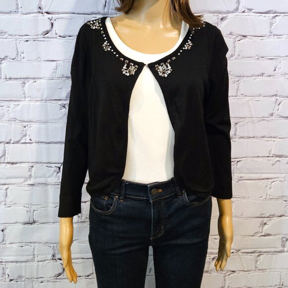 ELIZA J, black cropped cardigan with crystal details, size: large - Picture 5 of 13